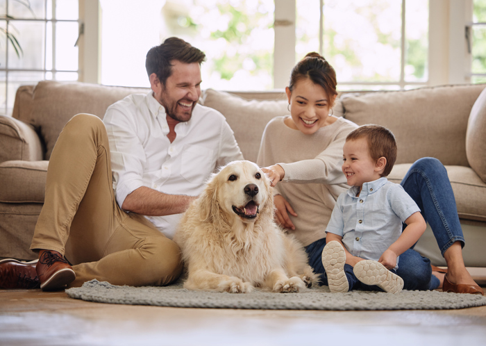 Happy family with dog and child in living room